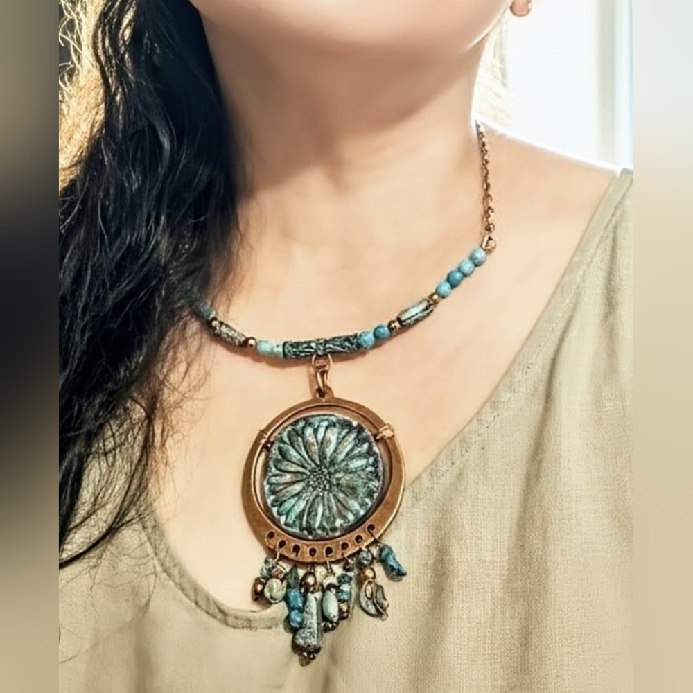 Rugged & Weathered Roman Inspired Empress Verdigris Clay & Turquoise Necklace